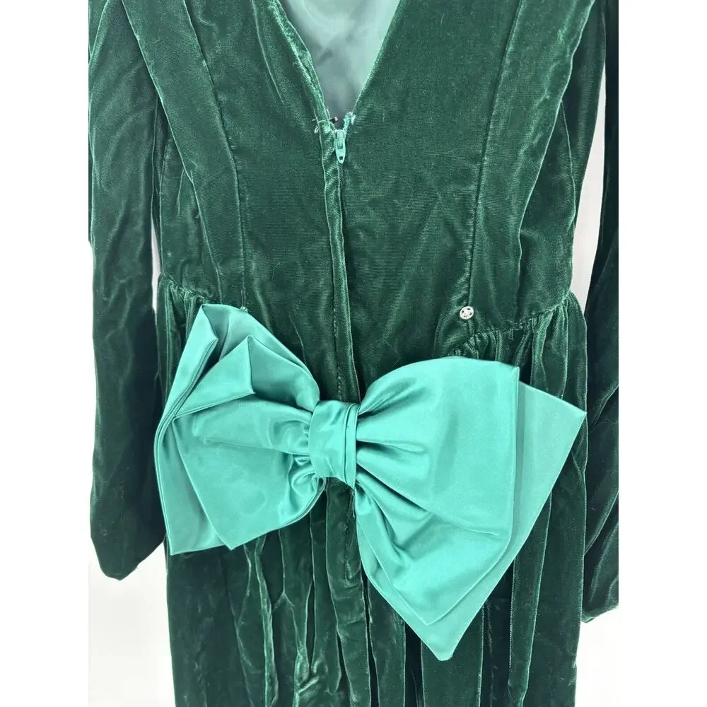 Vintage Dress Womens 8 Green Velvet Union Made Bow Back Maxi Length Holiday - Picture 10 of 16